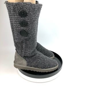 UGG Size 7 Classic Cardy Fold Over Sweater Knit Gray Button Boots